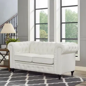 Emery Chesterfield Leather Loveseat, Mini Sofa Sleeper Loveseat, Small Sofa Bed with Rolled Arms, Tufted Cushions 2 Seater Sectional for Small Spaces, Living Room by Naomi Home – White