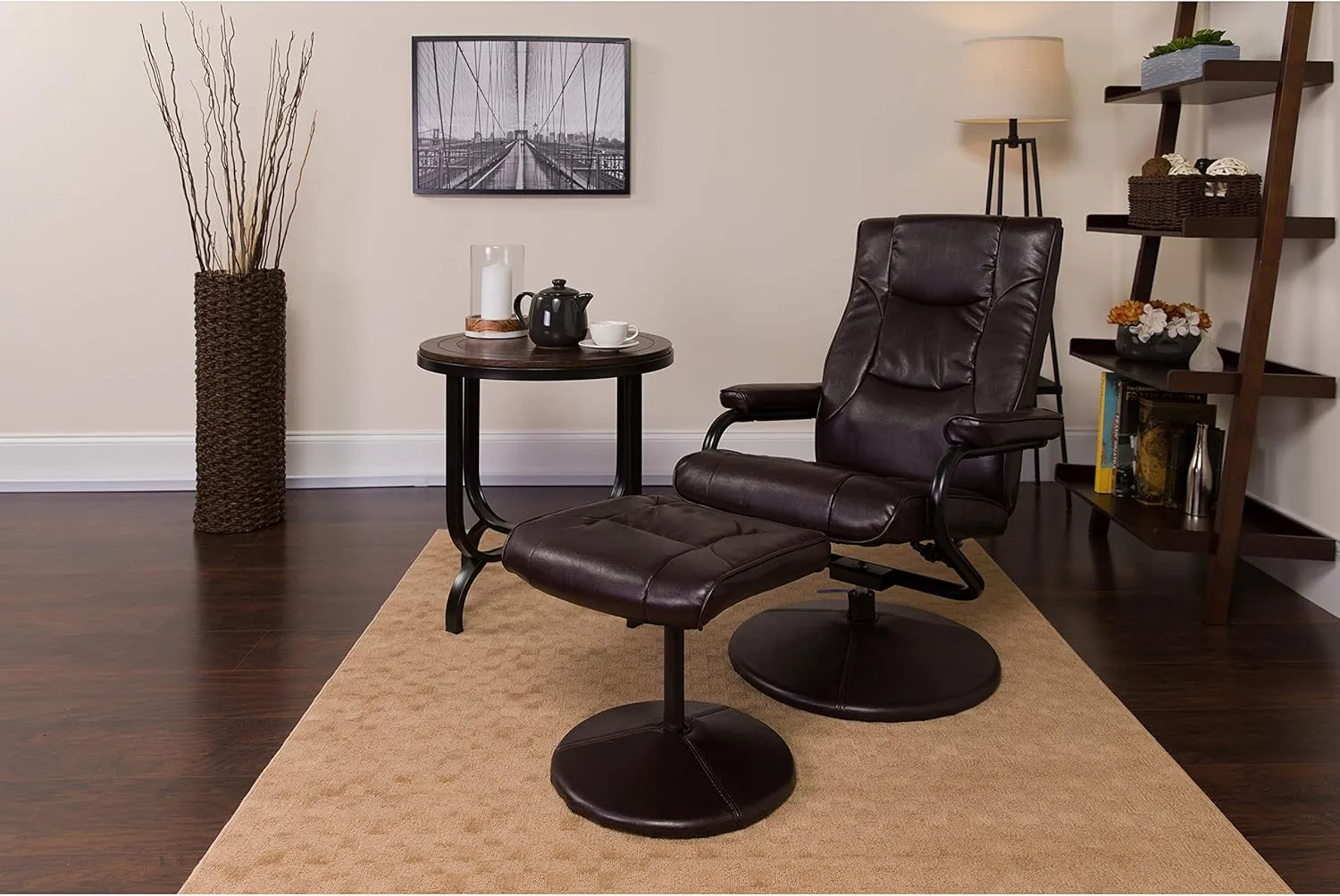 EMMA   OLIVER Contemporary Multi-Position Recliner/Ottoman - Wrapped Base in Brown LeatherSoft