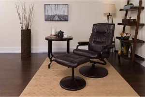 EMMA   OLIVER Contemporary Multi-Position Recliner/Ottoman - Wrapped Base in Brown LeatherSoft