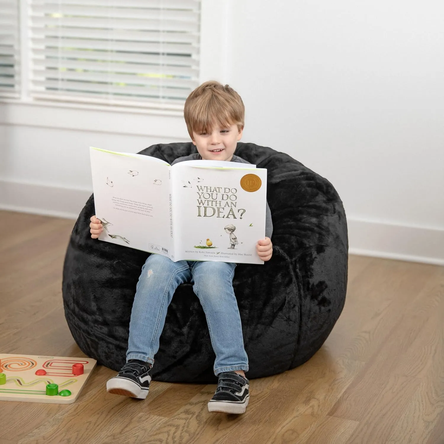 EMMA   OLIVER Daisy Small Black Furry Bean Bag Chair for Kids and Teens
