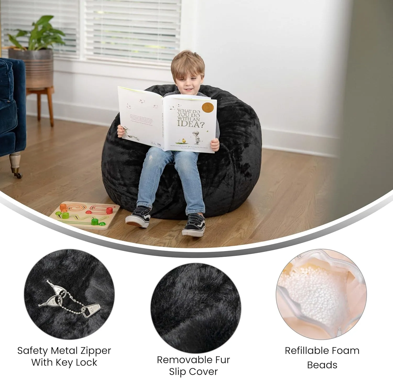 EMMA   OLIVER Daisy Small Black Furry Bean Bag Chair for Kids and Teens
