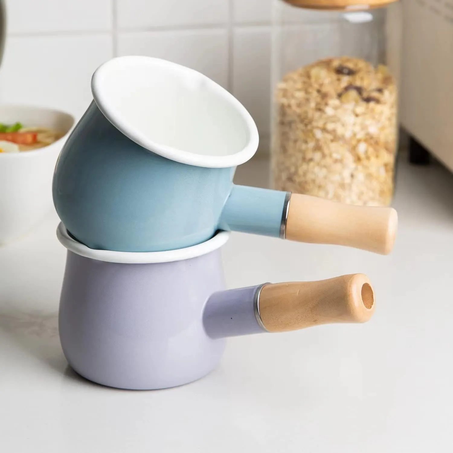 Enamel Milk Pot, Butter Warmer Non-stick Mini Saucepan, 4 Inch 17 Oz Small Cookware with Wooden Handle(Sky Blue)