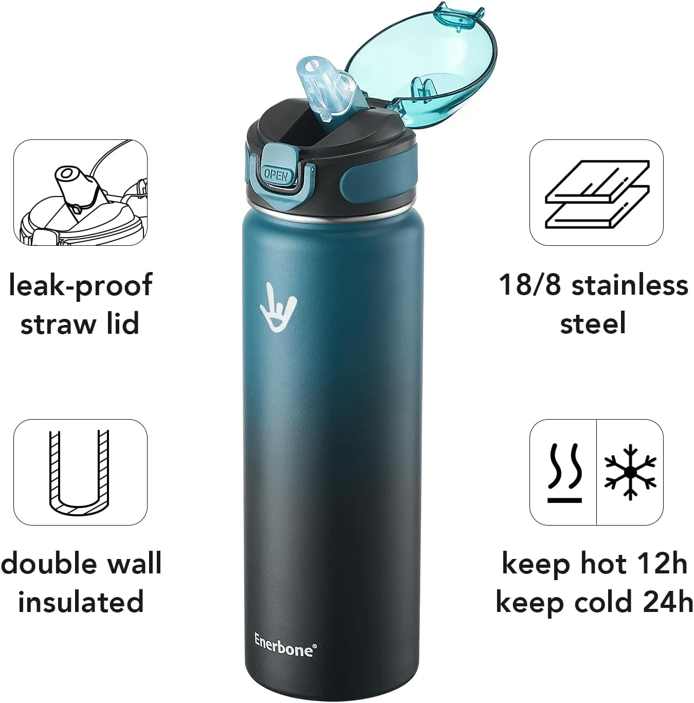 Enerbone Insulated Water Bottle, 24 oz Stainless Steel Water Bottles with Carrying Strap, Double-Wall Vacuum Insulation Thermos, Leakproof Sports Bottle with Straw, Keep Drinks Hot or Cold for Hours