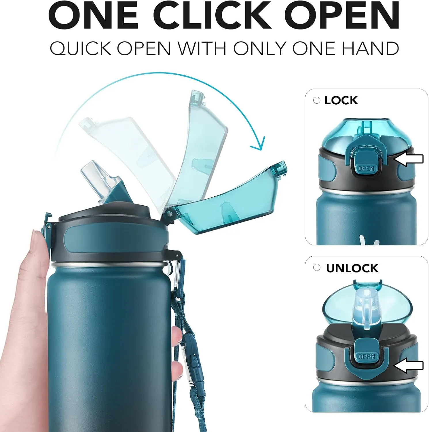 Enerbone Insulated Water Bottle, 24 oz Stainless Steel Water Bottles with Carrying Strap, Double-Wall Vacuum Insulation Thermos, Leakproof Sports Bottle with Straw, Keep Drinks Hot or Cold for Hours