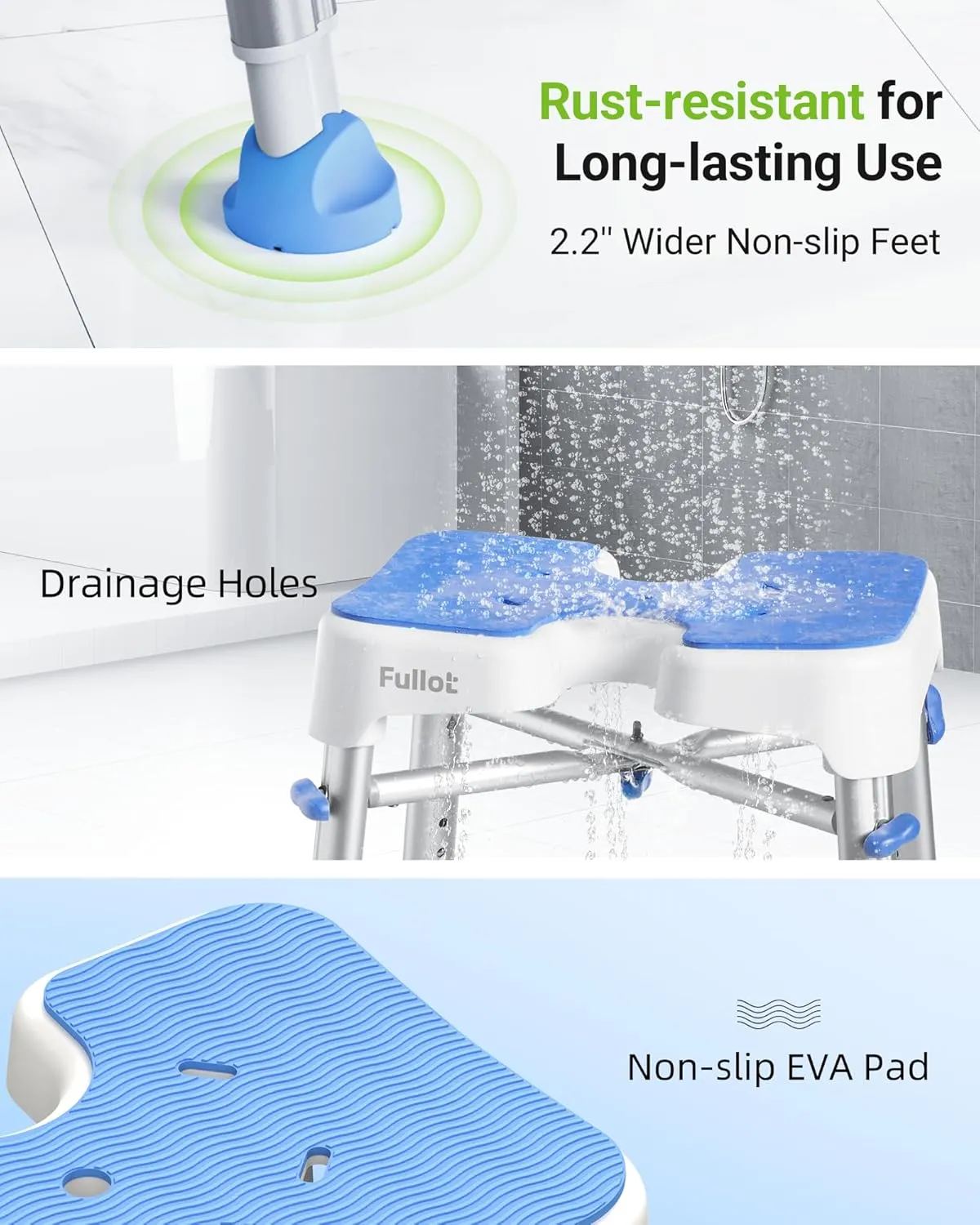 Ergonomic H-Shaped Shower Chair for Inside Shower with EVA Pad, 500 lbs Heavy Duty & Adjustable Shower Chair for Elderly and Disabled, Non-Slip Shower Seat, Tub Bath Chair, Tool-Free, HSA/FSA Eligible