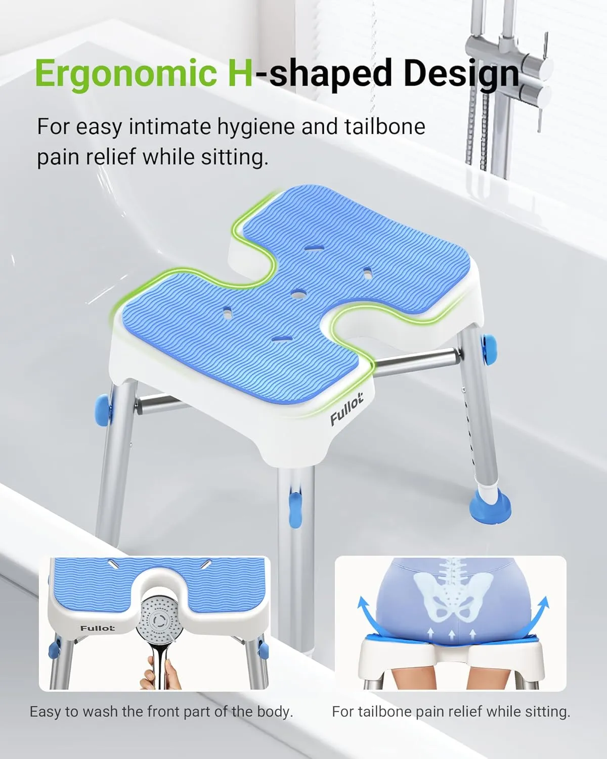 Ergonomic H-Shaped Shower Chair for Inside Shower with EVA Pad, 500 lbs Heavy Duty & Adjustable Shower Chair for Elderly and Disabled, Non-Slip Shower Seat, Tub Bath Chair, Tool-Free, HSA/FSA Eligible