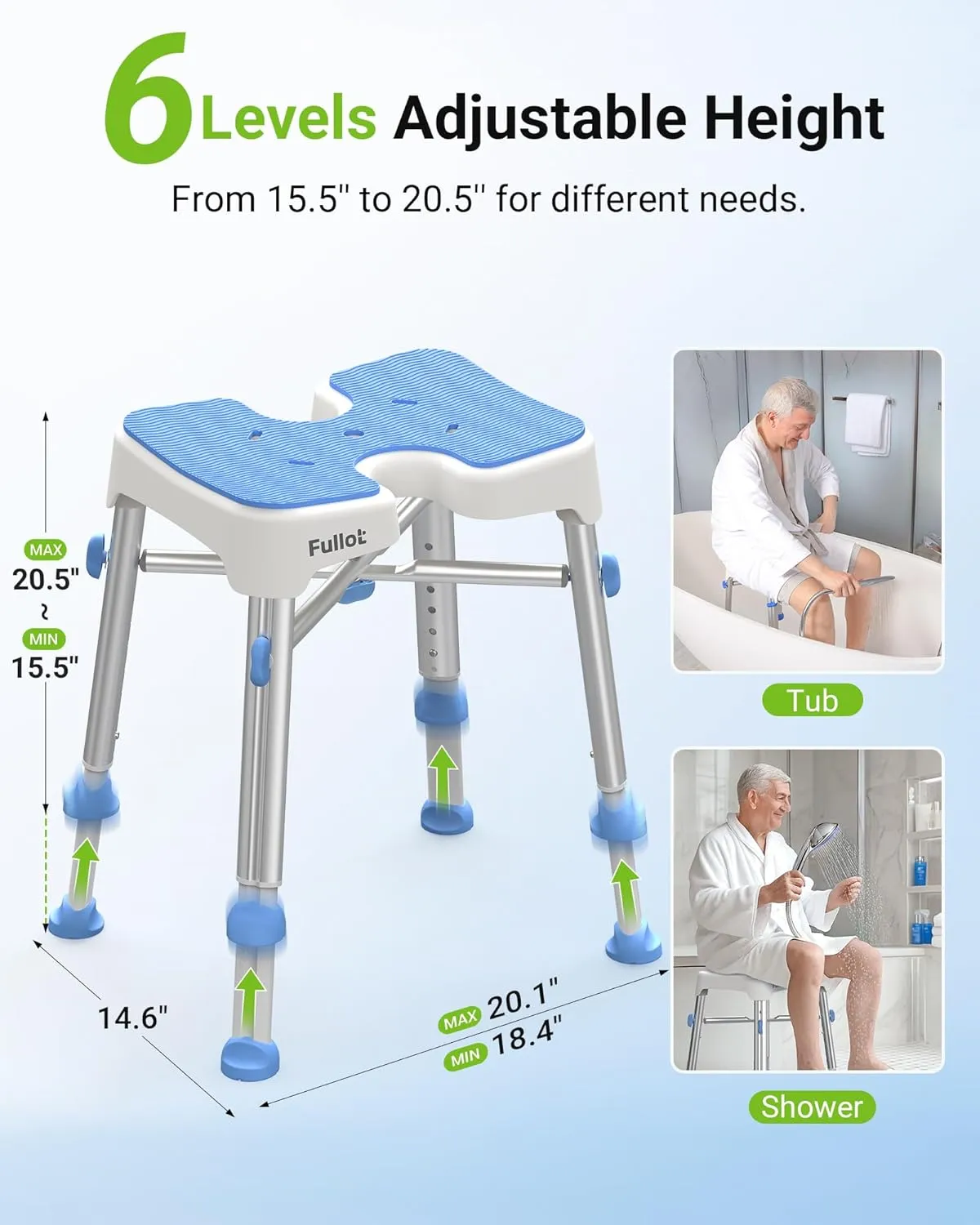 Ergonomic H-Shaped Shower Chair for Inside Shower with EVA Pad, 500 lbs Heavy Duty & Adjustable Shower Chair for Elderly and Disabled, Non-Slip Shower Seat, Tub Bath Chair, Tool-Free, HSA/FSA Eligible