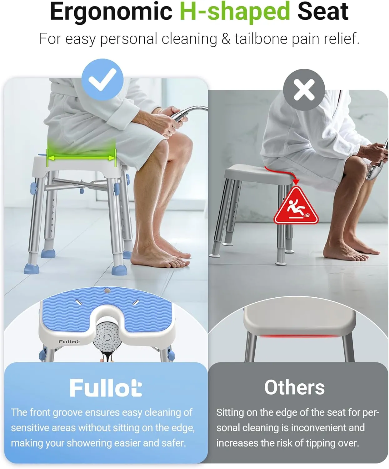 Ergonomic H-Shaped Shower Chair for Inside Shower with EVA Pad, 500 lbs Heavy Duty & Adjustable Shower Chair for Elderly and Disabled, Non-Slip Shower Seat, Tub Bath Chair, Tool-Free, HSA/FSA Eligible
