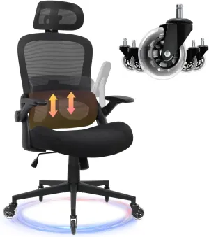 Ergonomic Mesh Office Chair, High Back Desk Chair with Up&Down Lumbar Support, 3D Armrests and 2D Headrest, Wide Memory Foam Seat, Swivel Computer Chair, Tilt Function (Black)