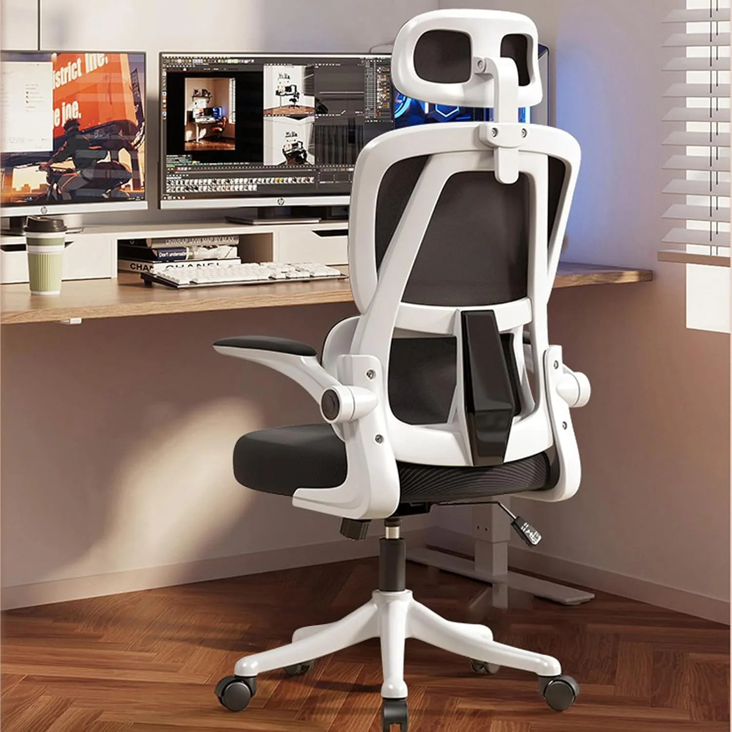 Ergonomic Office Chair Computer Desk Chairs with Flip-up Armrests and Lumbar Support, High Back Mesh Gaming Chairs Rolling Work Swivel Task Chairs with Adjustable Headrest