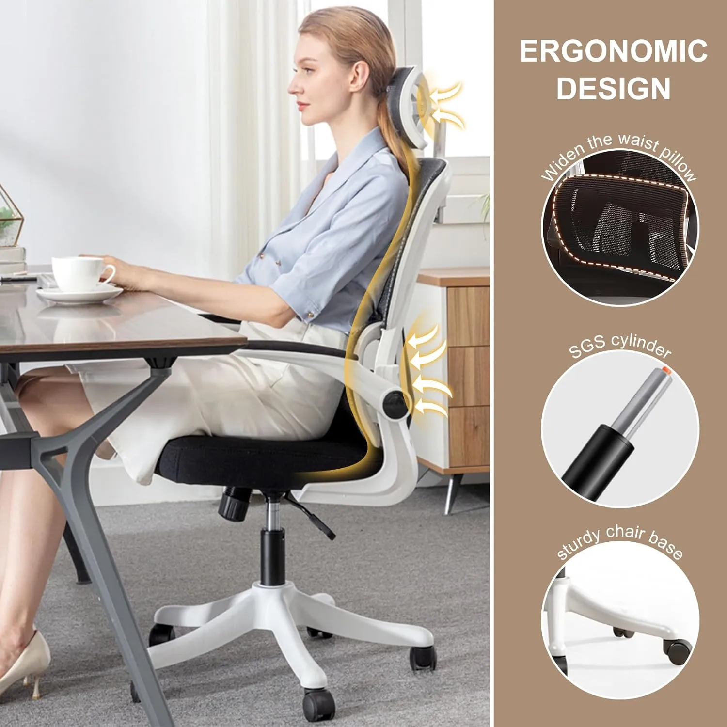 Ergonomic Office Chair Computer Desk Chairs with Flip-up Armrests and Lumbar Support, High Back Mesh Gaming Chairs Rolling Work Swivel Task Chairs with Adjustable Headrest