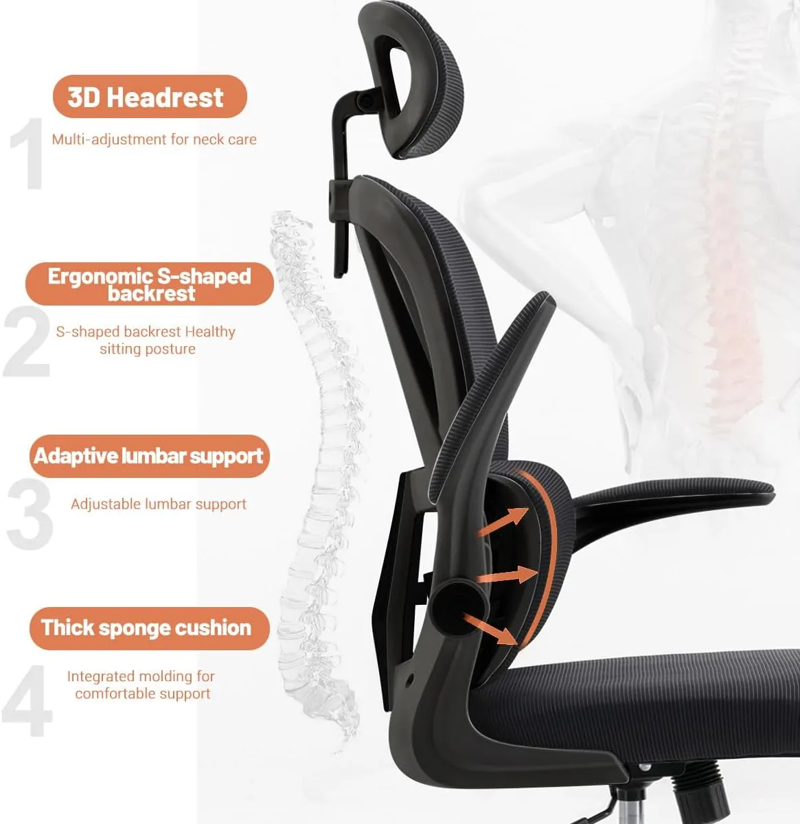 Ergonomic Office Chair Computer Desk Chairs with Flip-up Armrests and Lumbar Support, High Back Mesh Gaming Chairs Rolling Work Swivel Task Chairs