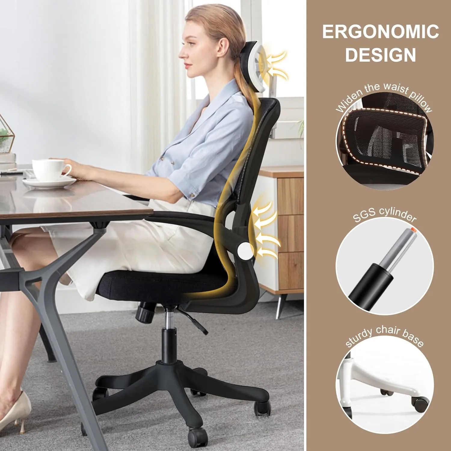 Ergonomic Office Chair Computer Desk Chairs with Flip-up Armrests and Lumbar Support, High Back Mesh Gaming Chairs Rolling Work Swivel Task Chairs