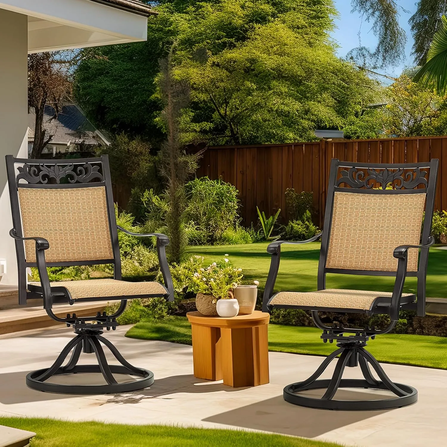 EROMMY Patio Swivel Chairs Set of 2, All-Weather Cast Aluminum and Outdoor Swivel Rocker Chairs for Backyard, Garden, Deck, Porch, Balcony, Brown