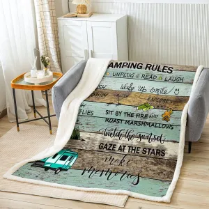 Erosebridal Camping Rules Throw Blanket Camper Blanket 50"x60" for Kids Child,Rustic Cabin Camping Fleece Blanket Farmhouse Style Camping Decor Bed Blanket Vintage Wooden Plank Happy Camping Decor