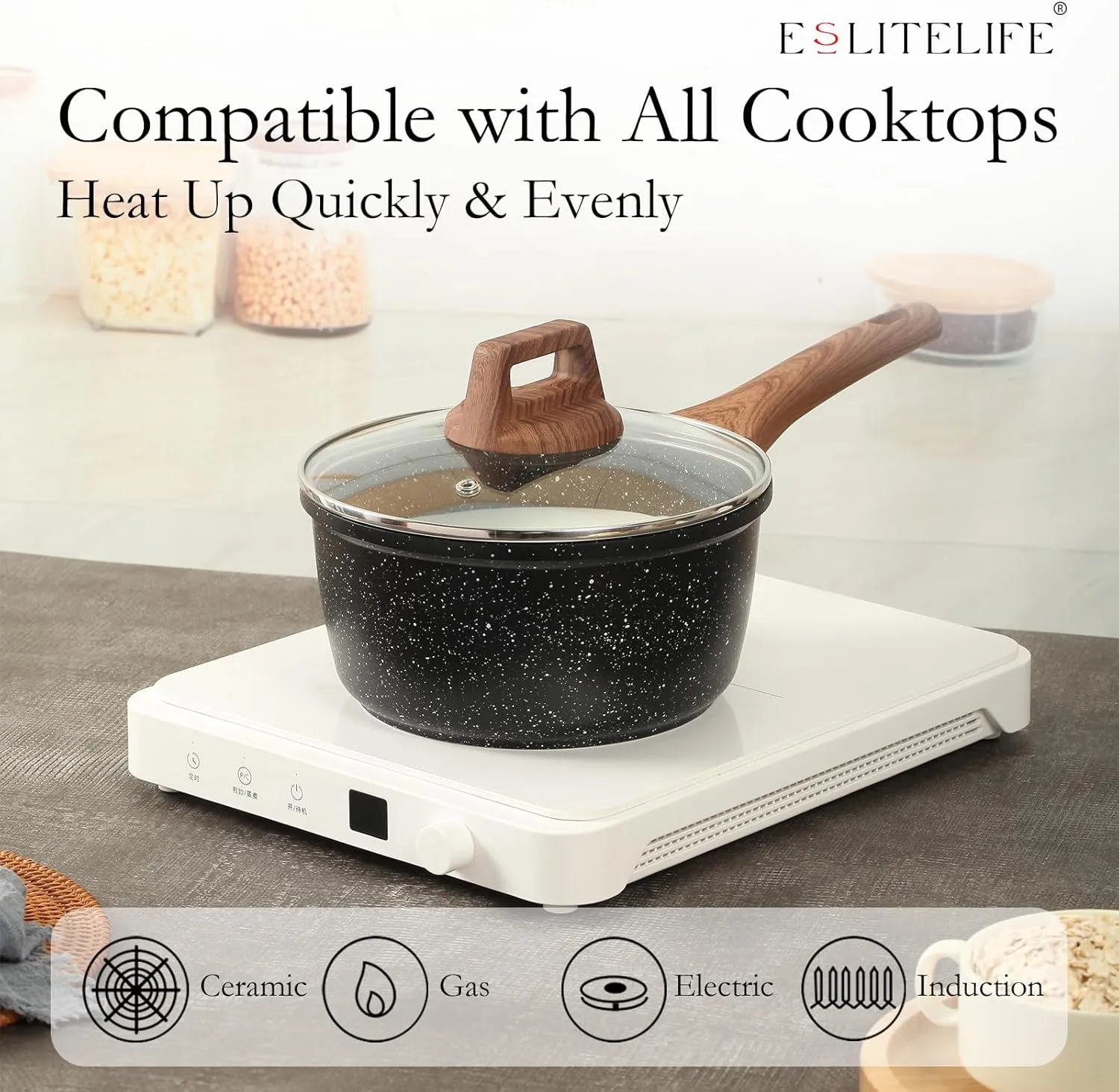 ESLITE LIFE 1.5 QT & 2.5 QT Sauce Pan Set with Lids, Nonstick Small Soup Pot Compatible with All Stovetops (Gas, Electric & Induction), PFOA Free, Black