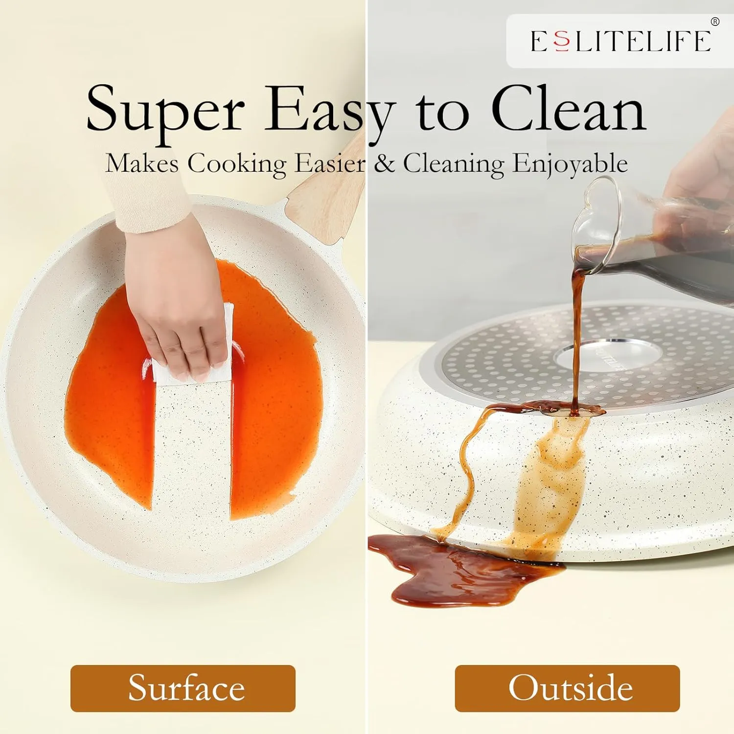 ESLITE LIFE Nonstick Ceramic Frying Pans Skillets Set with Lids, Non-Toxic Egg Omelette Kitchen Cooking Pans Compatible with All Stovetops (Gas, Electric & Induction), PTFE & PFOA Free (White)