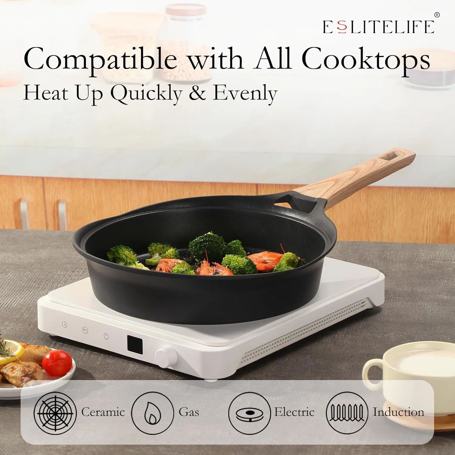 ESLITE LIFE Nonstick Deep Frying Pan Skillet with Lid, Healthy Granite Coating Egg Omelette Pan Stone Cookware Chef's Pan, PFOA Free(Black, 9.5 Inch)
