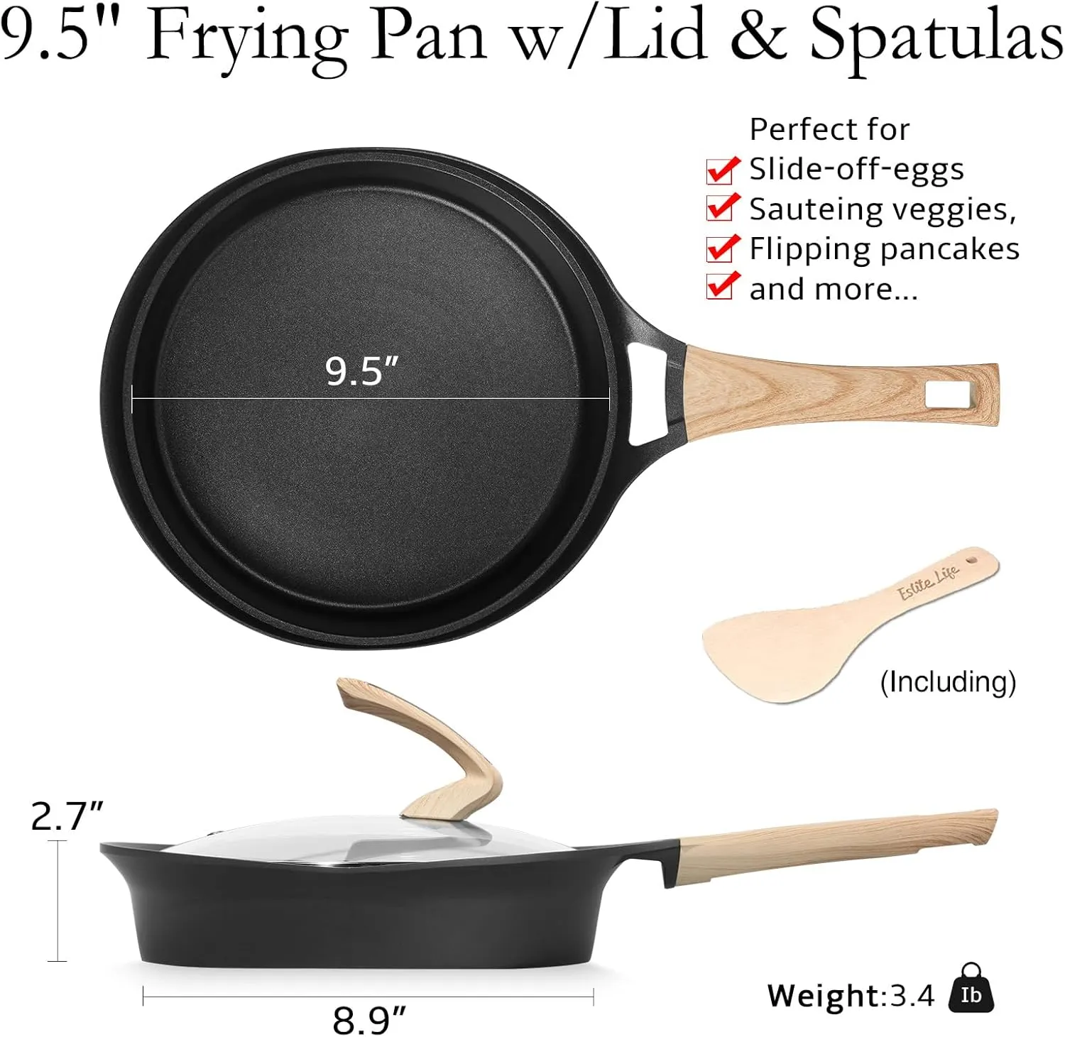 ESLITE LIFE Nonstick Deep Frying Pan Skillet with Lid, Healthy Granite Coating Egg Omelette Pan Stone Cookware Chef's Pan, PFOA Free(Black, 9.5 Inch)
