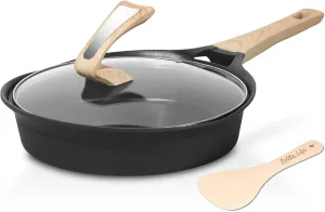 ESLITE LIFE Nonstick Deep Frying Pan Skillet with Lid, Healthy Granite Coating Egg Omelette Pan Stone Cookware Chef's Pan, PFOA Free(Black, 9.5 Inch)