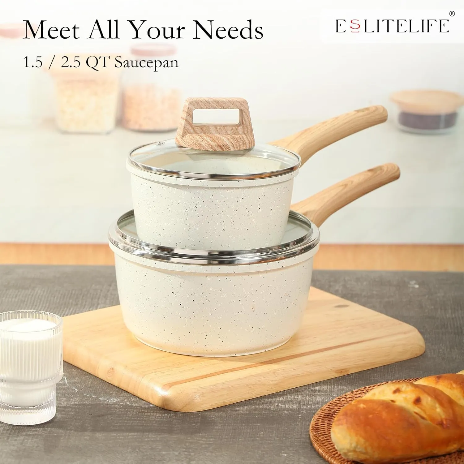 ESLITE LIFE Nonstick Sauce Pan with Lid, 1.5 QT Small Soup Pot Compatible with All Stovetops (Gas, Electric & Induction), PFOA Free, White