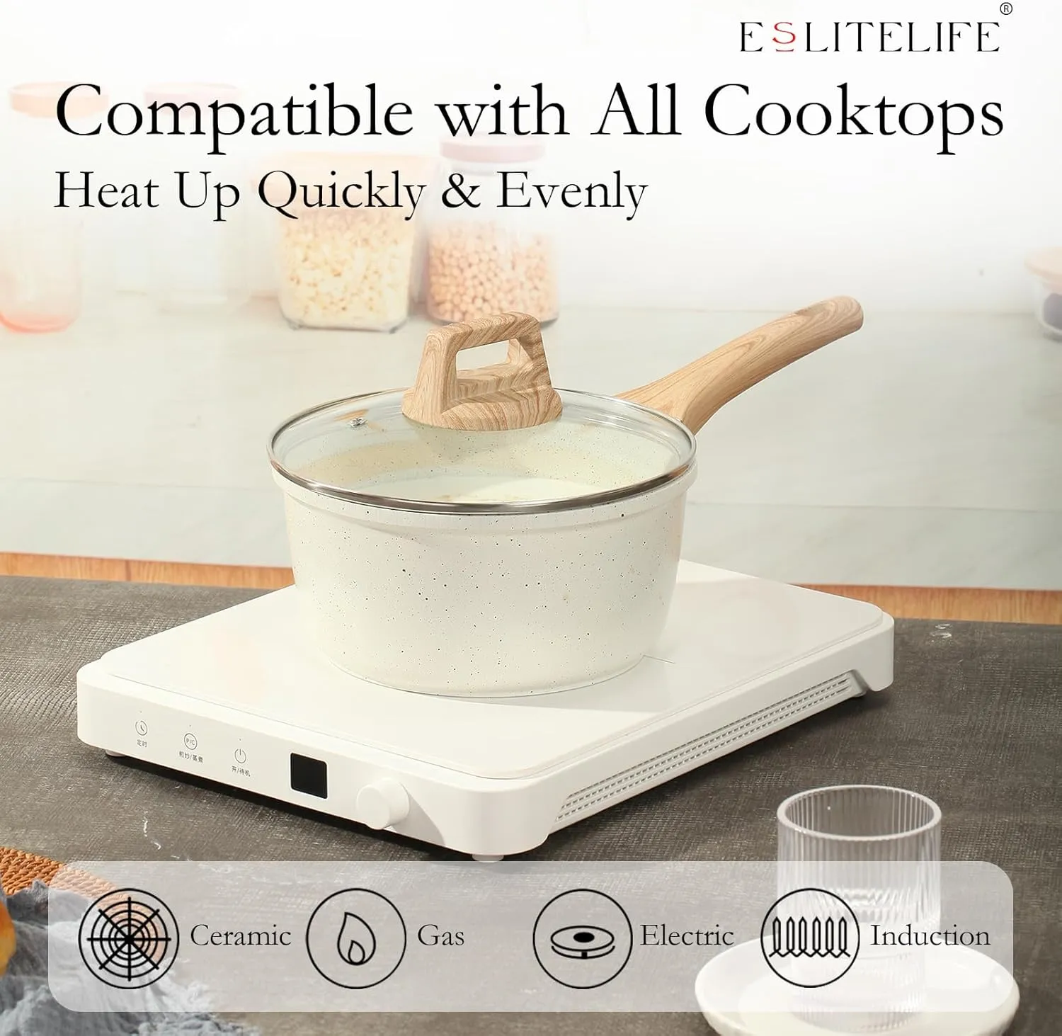 ESLITE LIFE Nonstick Sauce Pan with Lid, 1.5 QT Small Soup Pot Compatible with All Stovetops (Gas, Electric & Induction), PFOA Free, White