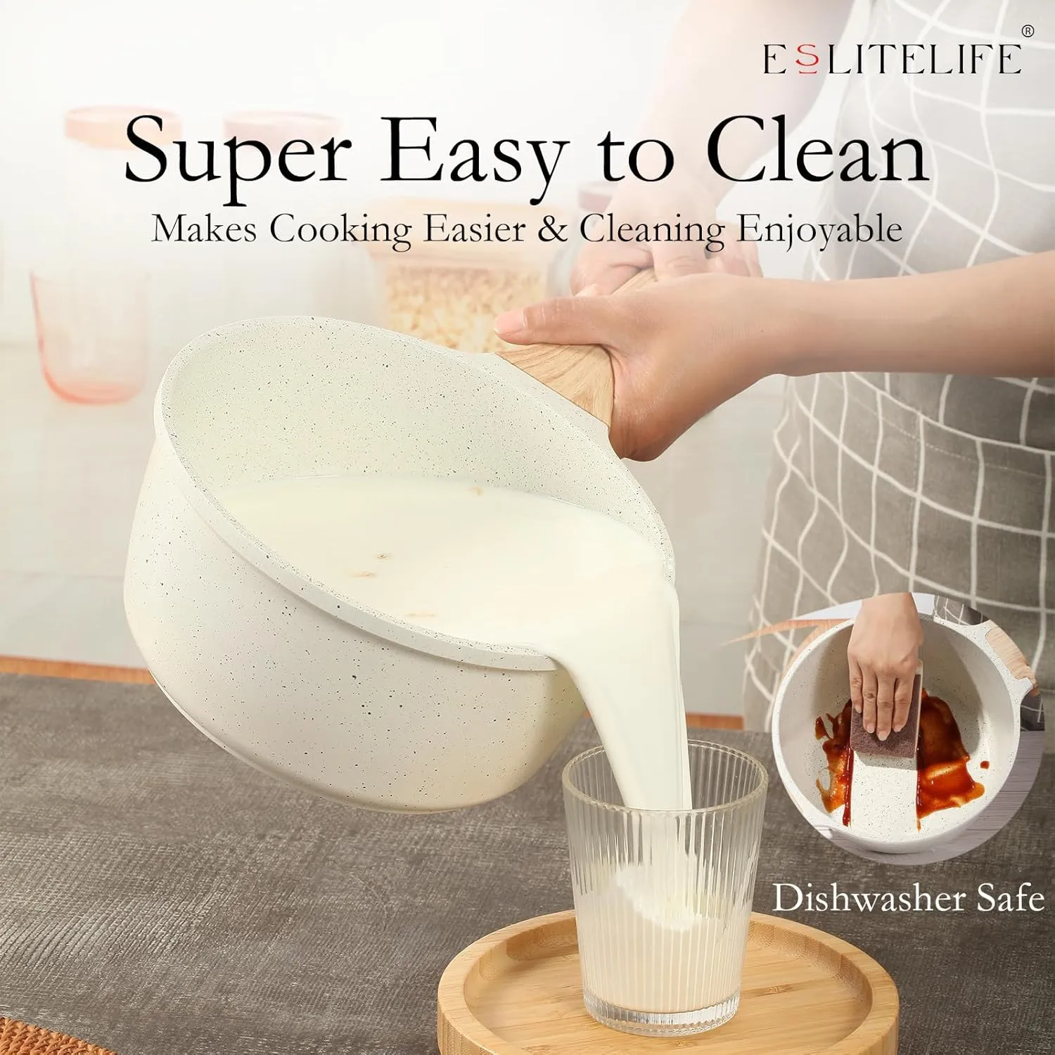 ESLITE LIFE Nonstick Sauce Pan with Lid, 1.5 QT Small Soup Pot Compatible with All Stovetops (Gas, Electric & Induction), PFOA Free, White
