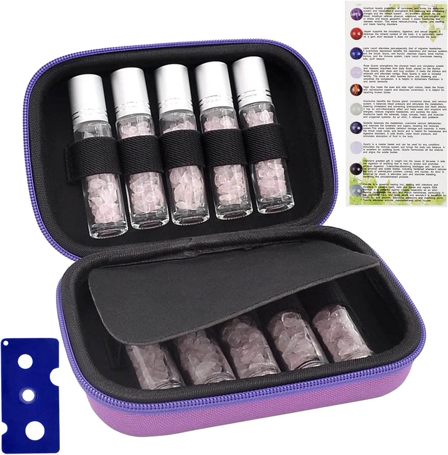 Essential Oil Roller Bottle EVA Carrying Travel Case and 10pcs Essential Oil Gemstone Roller Ball Bottles Frosted Glass Inside 10ml Healing Crystal Chips Feng Shui Roller (Rose Quartz)