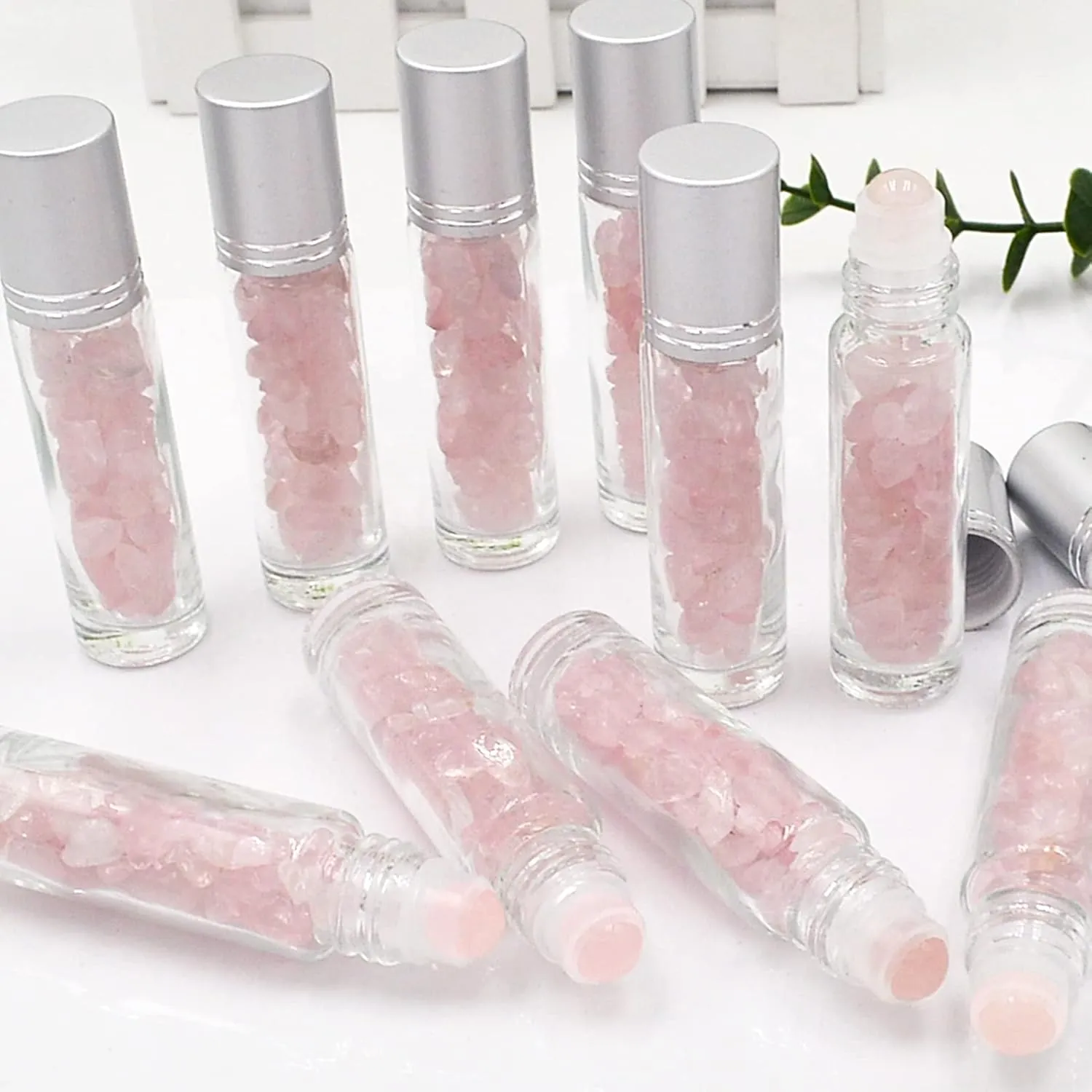 Essential Oil Roller Bottle EVA Carrying Travel Case and 10pcs Essential Oil Gemstone Roller Ball Bottles Frosted Glass Inside 10ml Healing Crystal Chips Feng Shui Roller (Rose Quartz)