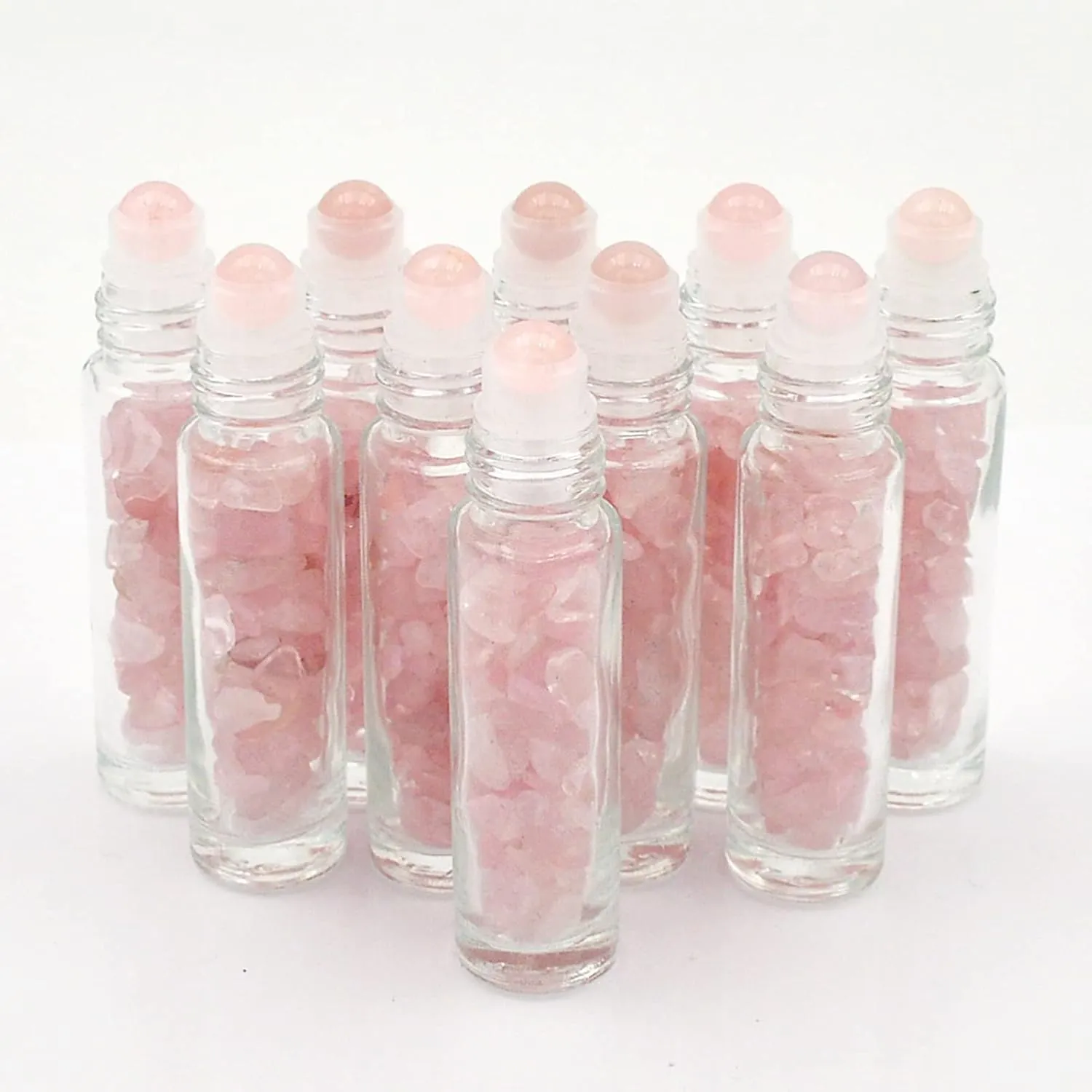 Essential Oil Roller Bottle EVA Carrying Travel Case and 10pcs Essential Oil Gemstone Roller Ball Bottles Frosted Glass Inside 10ml Healing Crystal Chips Feng Shui Roller (Rose Quartz)