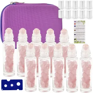 Essential Oil Roller Bottle EVA Carrying Travel Case and 10pcs Essential Oil Gemstone Roller Ball Bottles Frosted Glass Inside 10ml Healing Crystal Chips Feng Shui Roller (Rose Quartz)