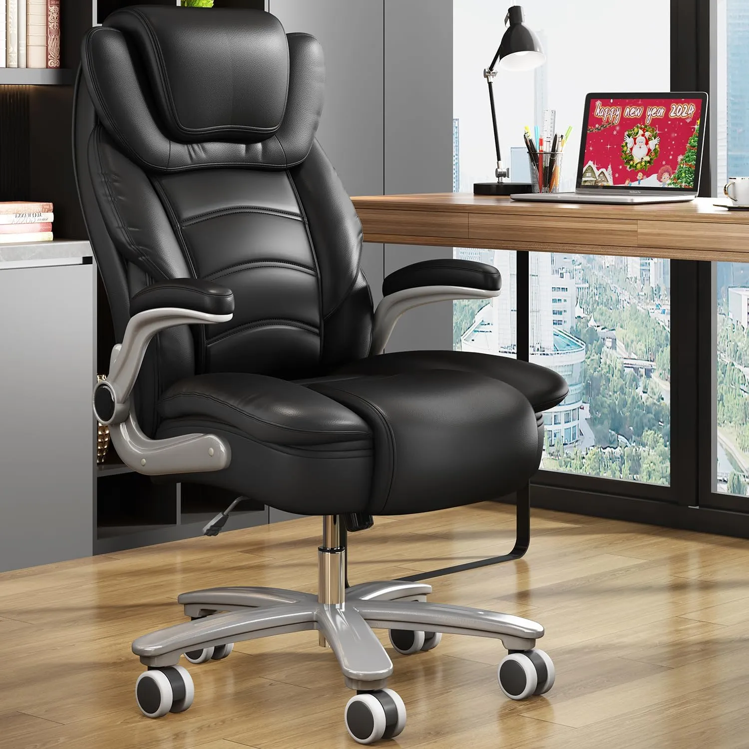 Executive Office Chair, Big and Tall Office Chairs for Heavy People 400lbs Wide Seat, High Back Leather Office Chair Lumbar Support with Adjustable Armrest, Office Desk Chair (Black)