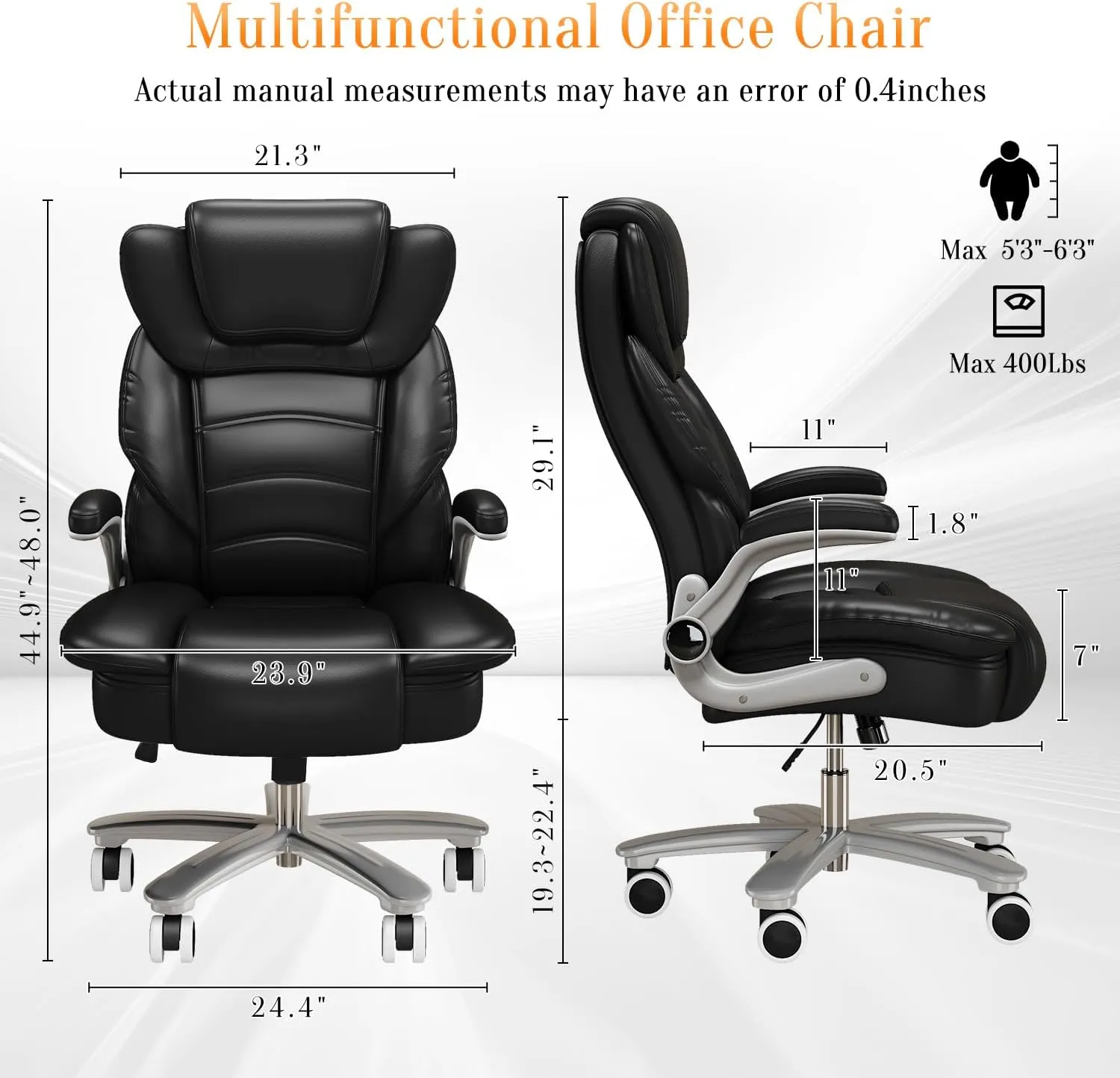 Executive Office Chair, Big and Tall Office Chairs for Heavy People 400lbs Wide Seat, High Back Leather Office Chair Lumbar Support with Adjustable Armrest, Office Desk Chair (Black)
