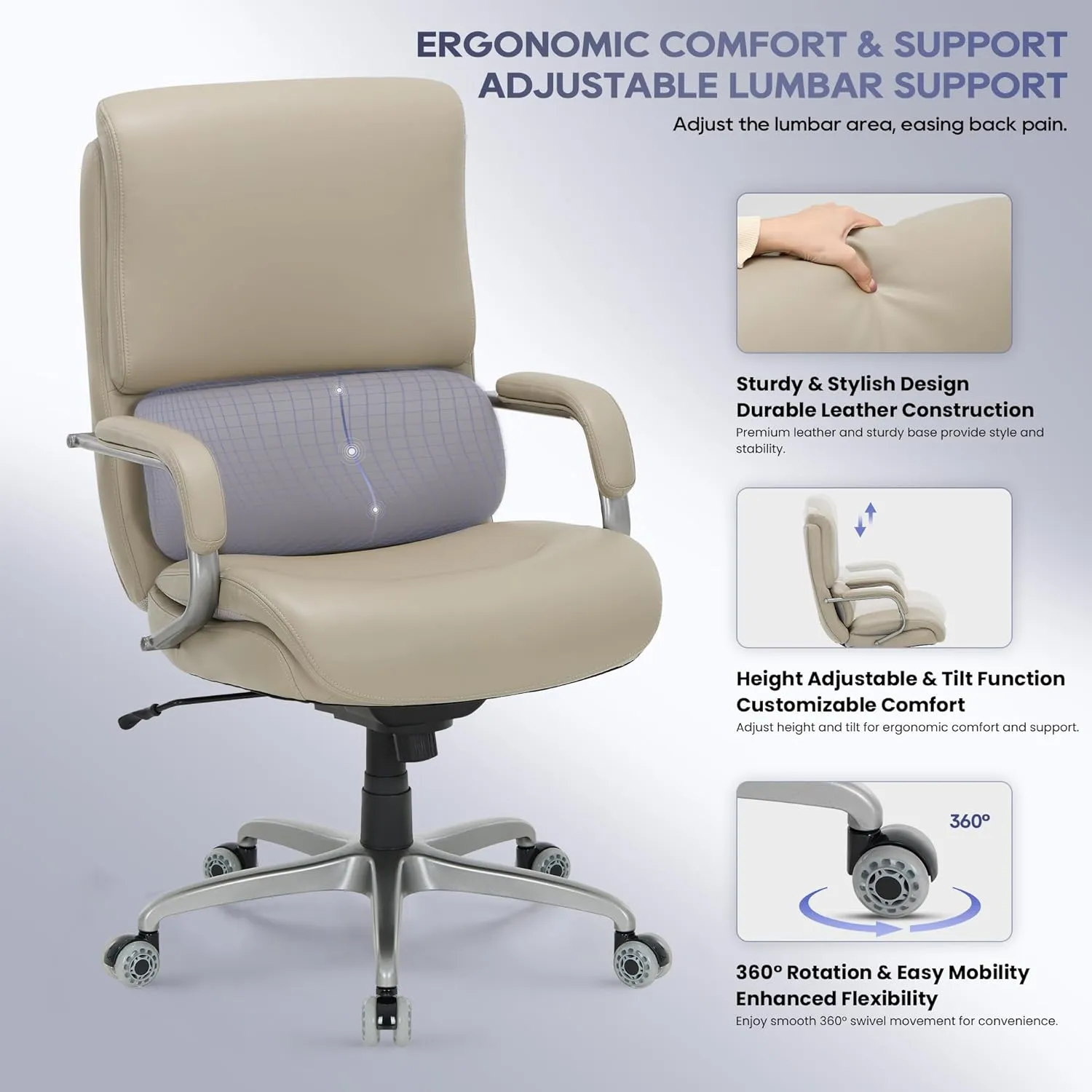 Executive Padded Leather Office Chair-Ergonomic Lumbar Support, Desk Chair for Home and Office with Flip-up Arms, High Back, Adjustable Desk Computer Chair for Work, Meeting, Beige,300lbs