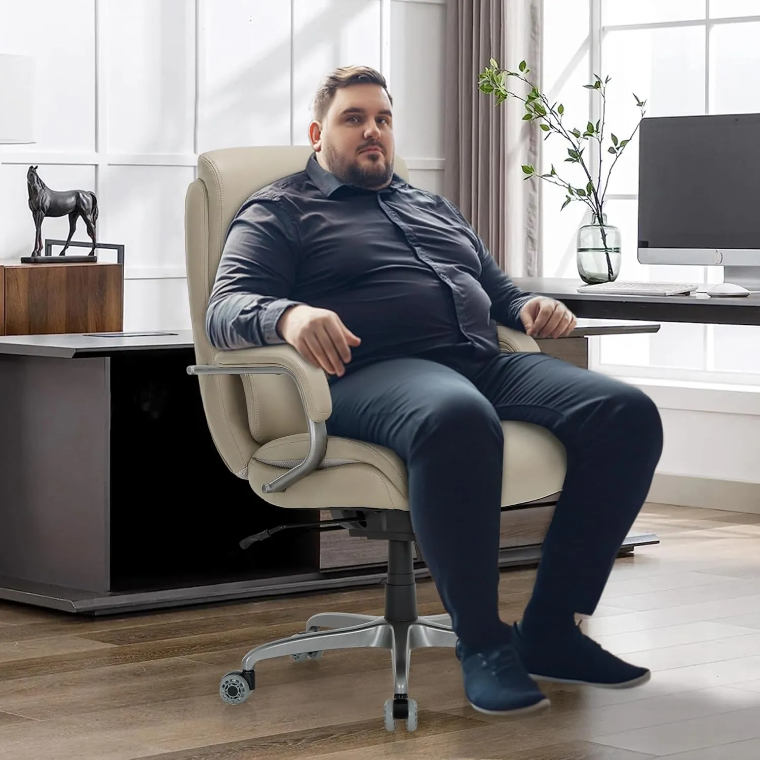 Executive Padded Leather Office Chair-Ergonomic Lumbar Support, Desk Chair for Home and Office with Flip-up Arms, High Back, Adjustable Desk Computer Chair for Work, Meeting, Beige,300lbs