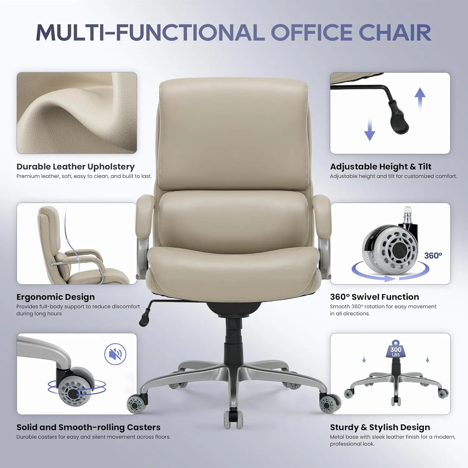 Executive Padded Leather Office Chair-Ergonomic Lumbar Support, Desk Chair for Home and Office with Flip-up Arms, High Back, Adjustable Desk Computer Chair for Work, Meeting, Beige,300lbs