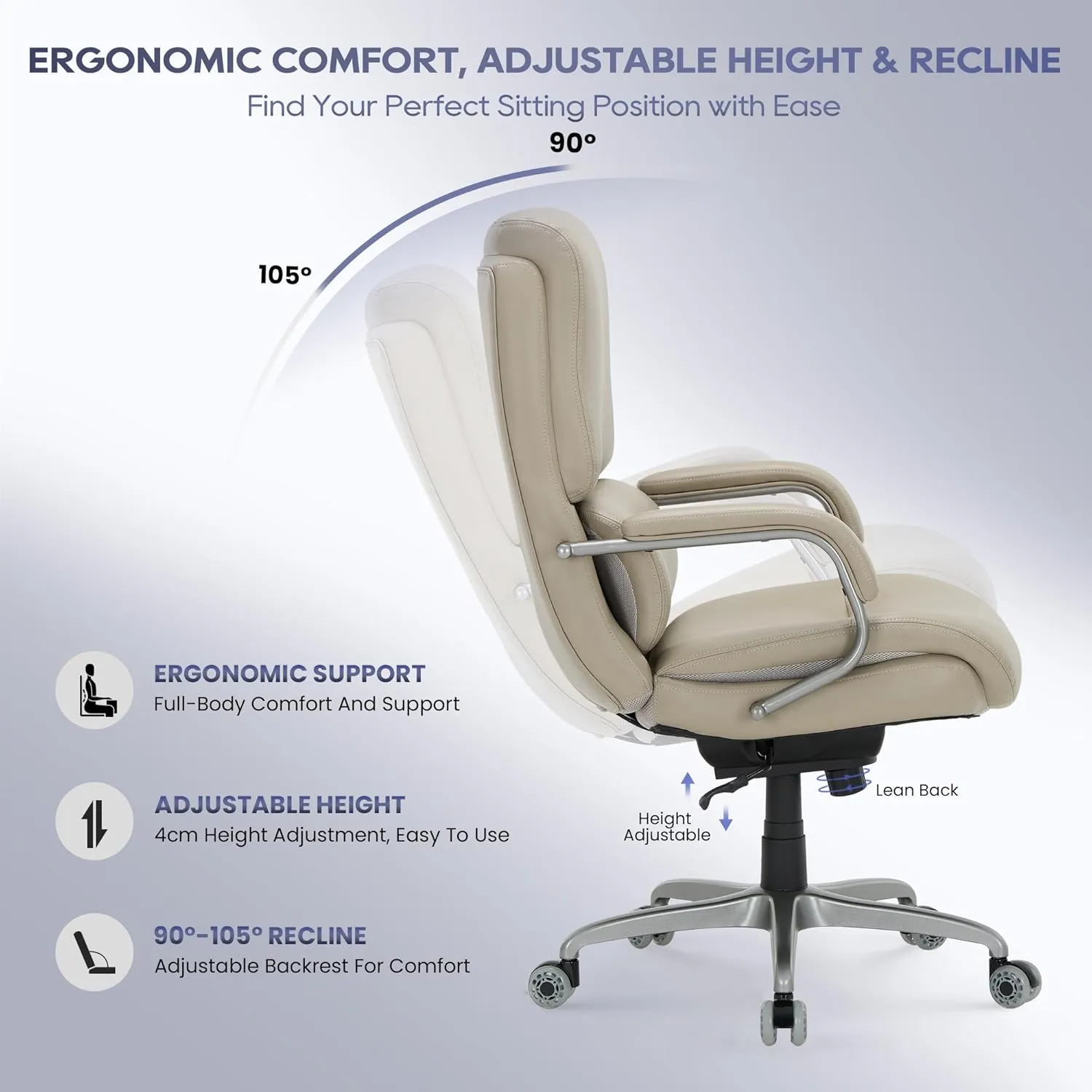 Executive Padded Leather Office Chair-Ergonomic Lumbar Support, Desk Chair for Home and Office with Flip-up Arms, High Back, Adjustable Desk Computer Chair for Work, Meeting, Beige,300lbs