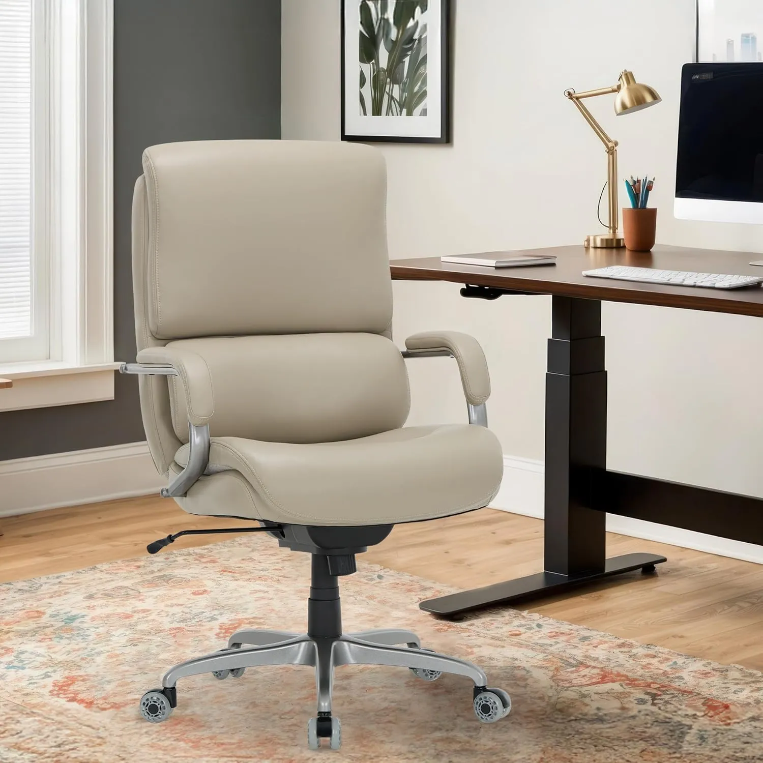 Executive Padded Leather Office Chair-Ergonomic Lumbar Support, Desk Chair for Home and Office with Flip-up Arms, High Back, Adjustable Desk Computer Chair for Work, Meeting, Beige,300lbs