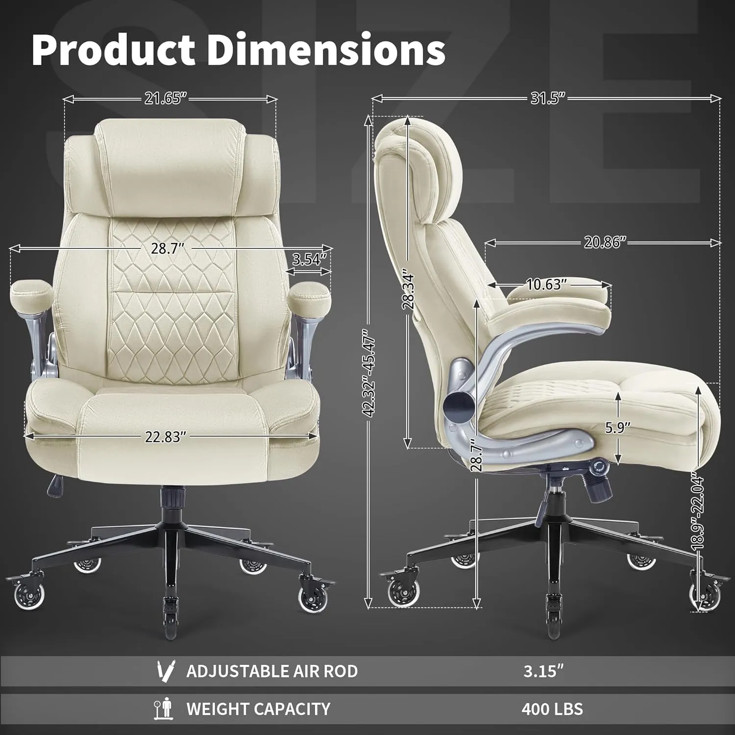 Fabric High Back Office Chair 400lbs-Adjustable Built-in Lumbar Support，Flip Arms, Locking Wheels-Ergonomic Computer Desk Chair with Heavy Duty Base，Thick Padded Large Work Chairs for Adults Men Women