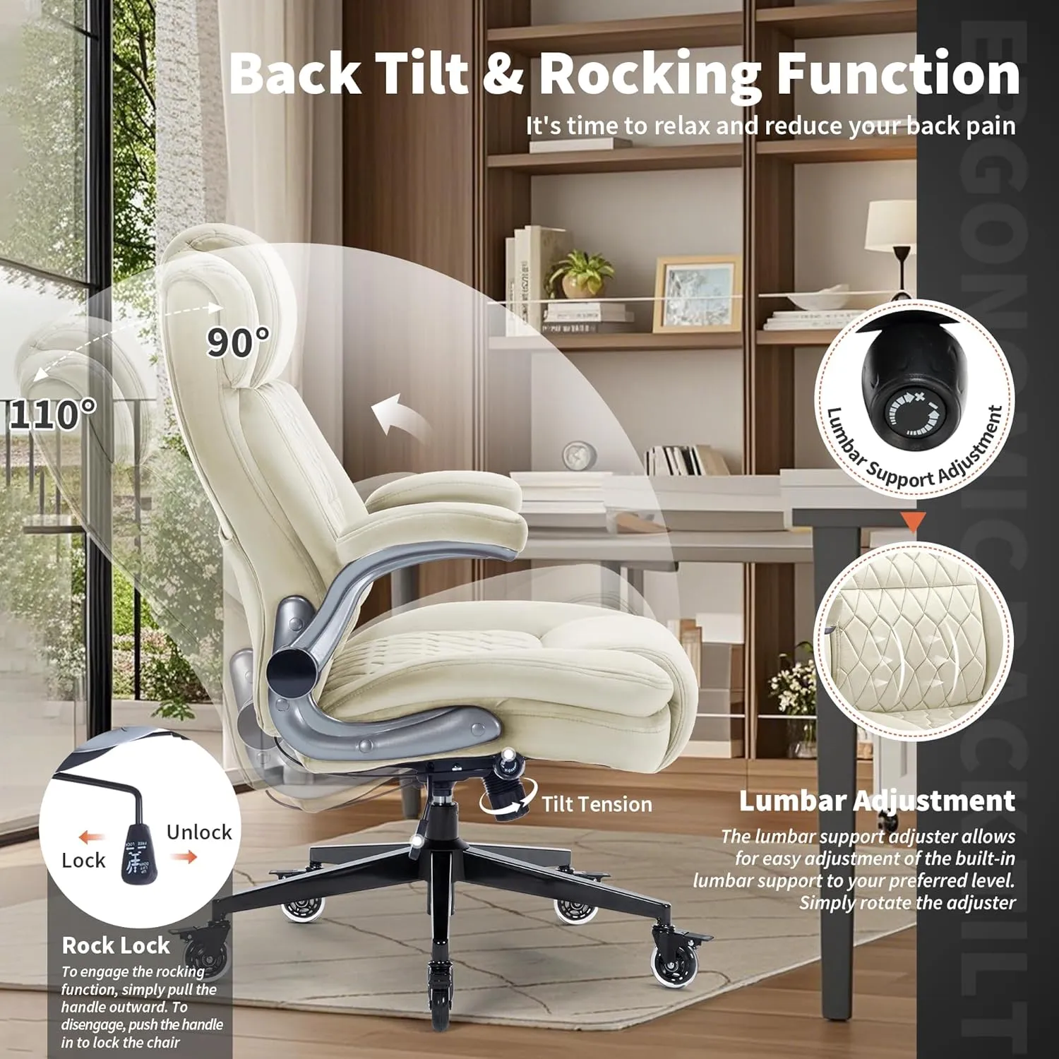Fabric High Back Office Chair 400lbs-Adjustable Built-in Lumbar Support，Flip Arms, Locking Wheels-Ergonomic Computer Desk Chair with Heavy Duty Base，Thick Padded Large Work Chairs for Adults Men Women