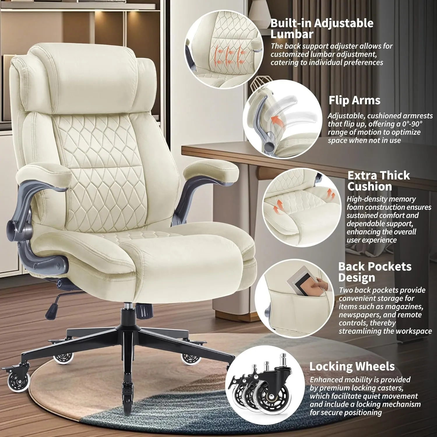 Fabric High Back Office Chair 400lbs-Adjustable Built-in Lumbar Support，Flip Arms, Locking Wheels-Ergonomic Computer Desk Chair with Heavy Duty Base，Thick Padded Large Work Chairs for Adults Men Women