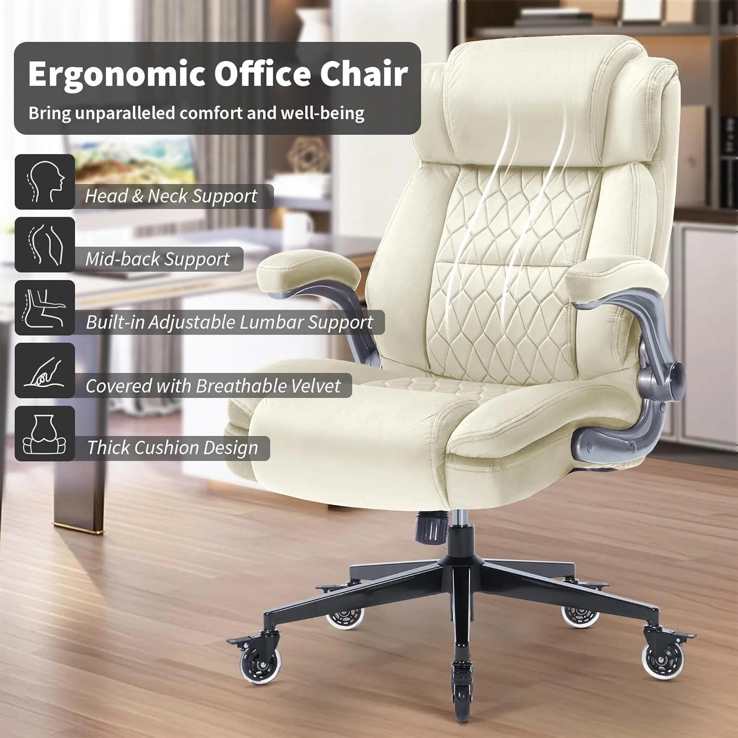Fabric High Back Office Chair 400lbs-Adjustable Built-in Lumbar Support，Flip Arms, Locking Wheels-Ergonomic Computer Desk Chair with Heavy Duty Base，Thick Padded Large Work Chairs for Adults Men Women