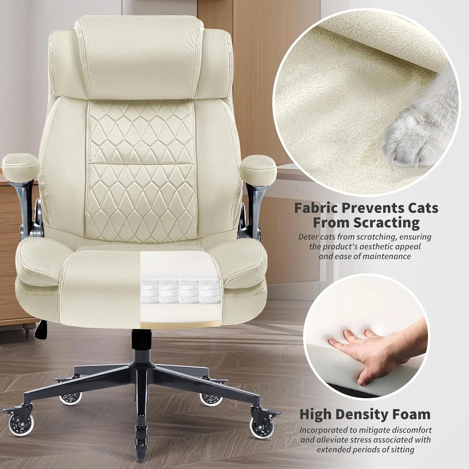 Fabric High Back Office Chair 400lbs-Adjustable Built-in Lumbar Support，Flip Arms, Locking Wheels-Ergonomic Computer Desk Chair with Heavy Duty Base，Thick Padded Large Work Chairs for Adults Men Women