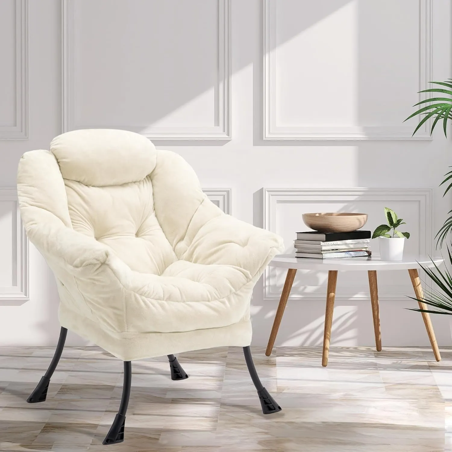 Fabric Lazy Chair for Adults, Oversized Upholstered Sofa Chair, Plush Comfy Lounge Chair with Large Side Storage Pocket, Thick Padded Reading Chair for Living Room, Bedroom, Study Room, Beige