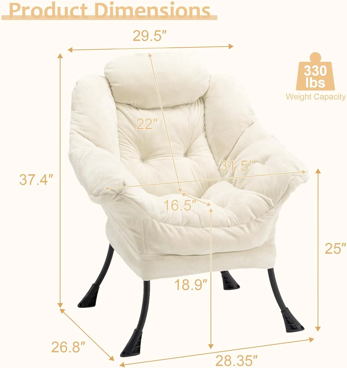 Fabric Lazy Chair for Adults, Oversized Upholstered Sofa Chair, Plush Comfy Lounge Chair with Large Side Storage Pocket, Thick Padded Reading Chair for Living Room, Bedroom, Study Room, Beige