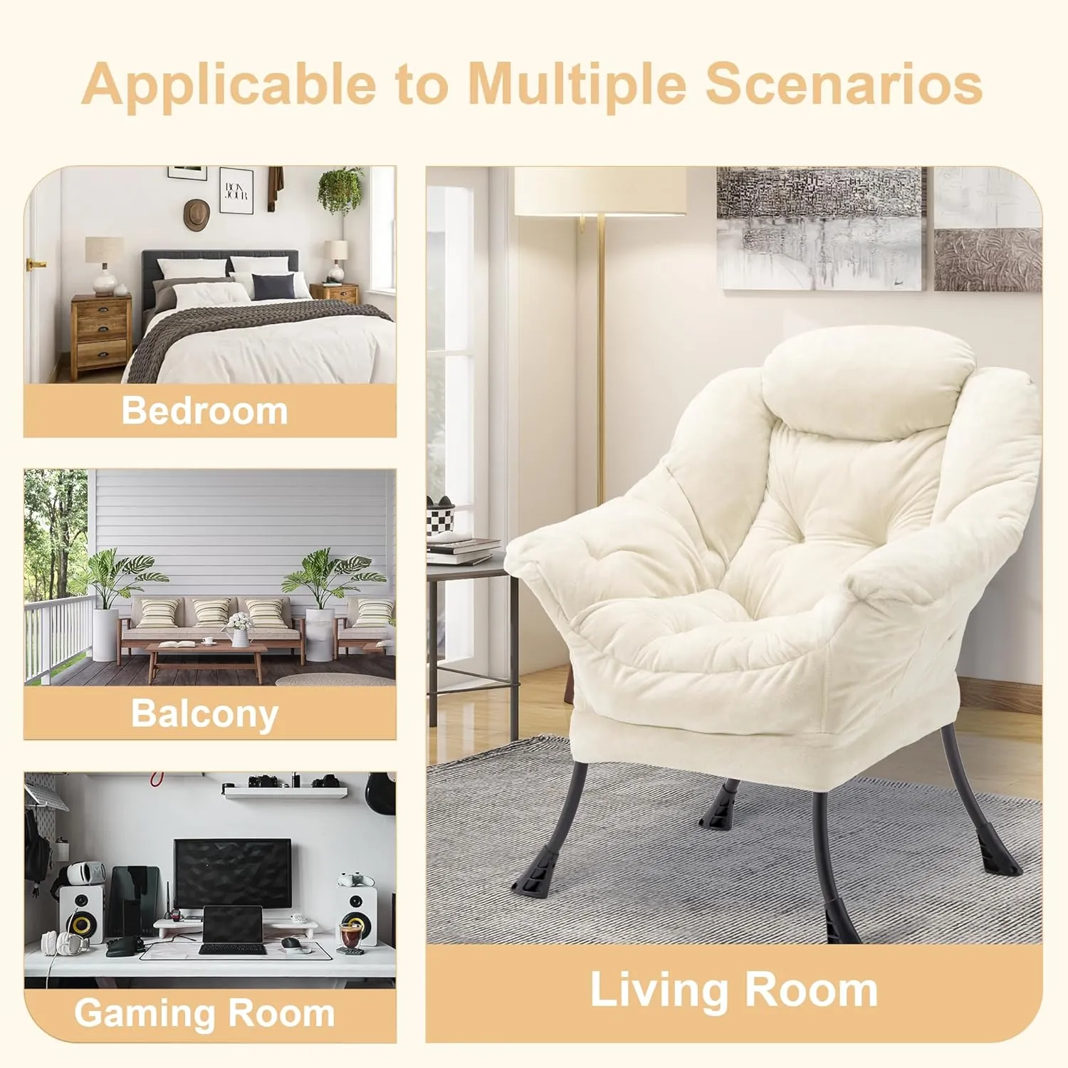 Fabric Lazy Chair for Adults, Oversized Upholstered Sofa Chair, Plush Comfy Lounge Chair with Large Side Storage Pocket, Thick Padded Reading Chair for Living Room, Bedroom, Study Room, Beige
