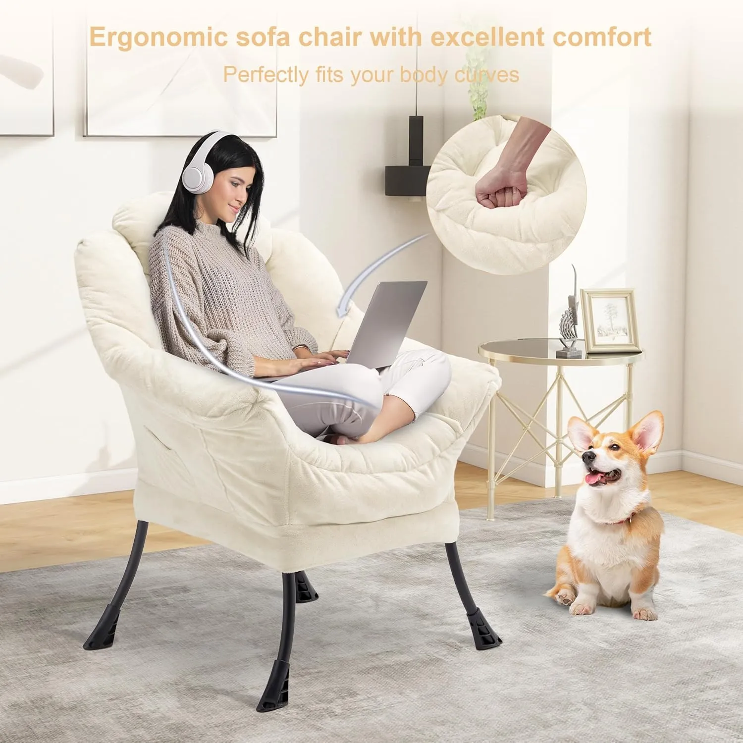 Fabric Lazy Chair for Adults, Oversized Upholstered Sofa Chair, Plush Comfy Lounge Chair with Large Side Storage Pocket, Thick Padded Reading Chair for Living Room, Bedroom, Study Room, Beige