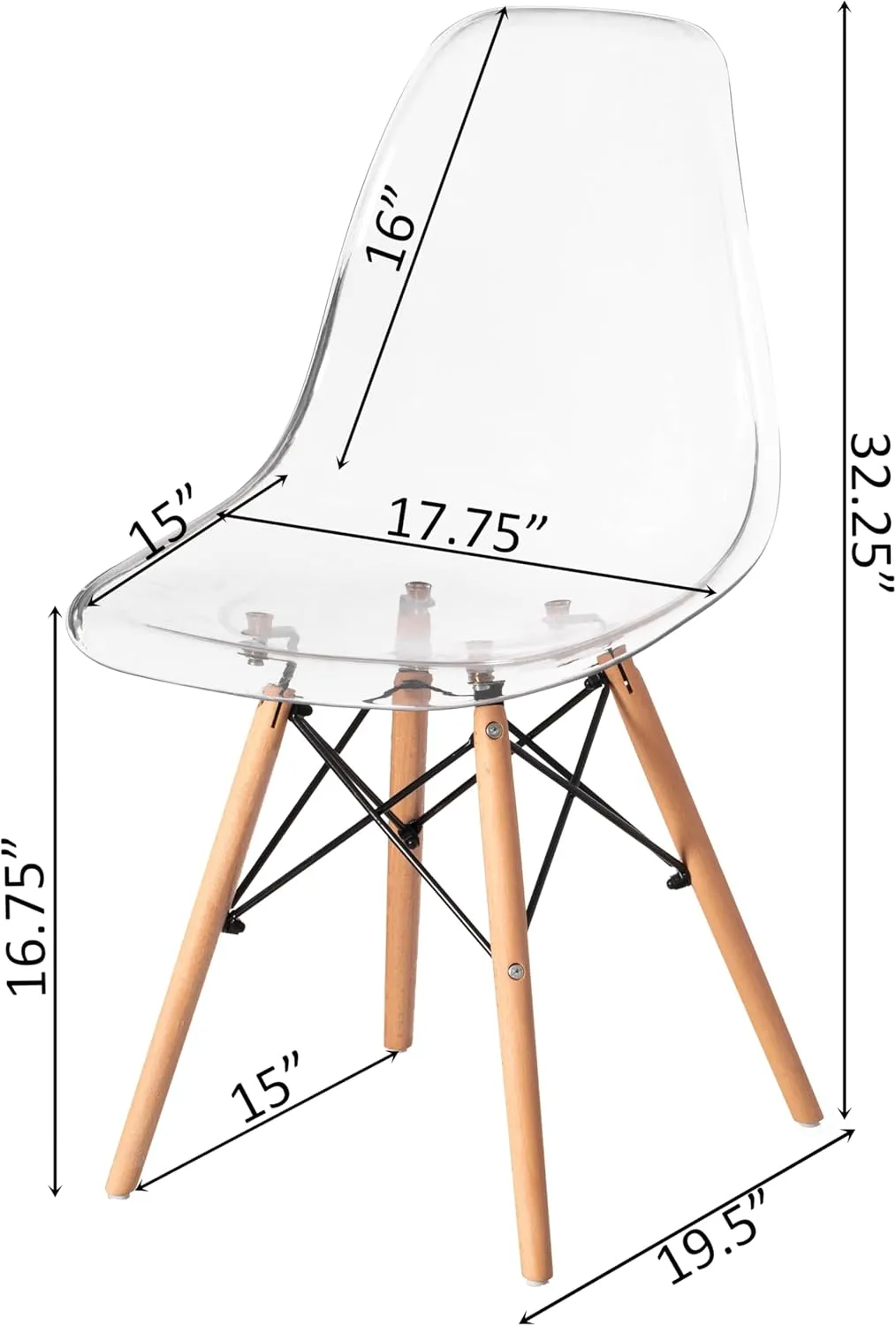 Fabulaxe Mid-Century Modern Style Dining Chair with Wooden Dowel Eiffel Legs, DSW Transparent Plastic Shell Accent Chair (Clear)