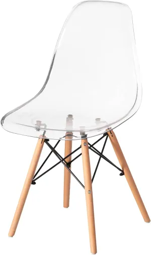 Fabulaxe Mid-Century Modern Style Dining Chair with Wooden Dowel Eiffel Legs, DSW Transparent Plastic Shell Accent Chair (Clear)
