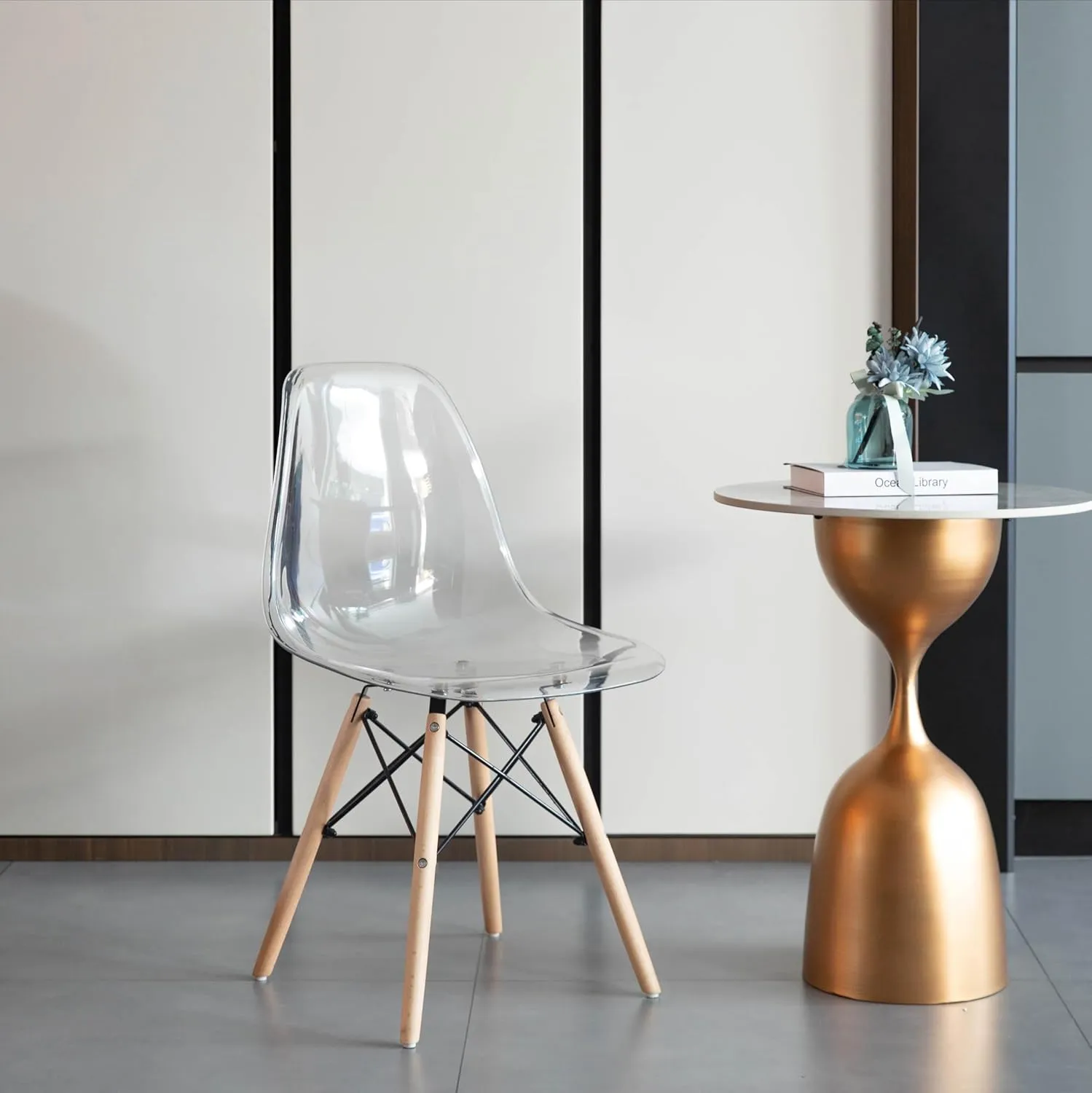 Fabulaxe Mid-Century Modern Style Dining Chair with Wooden Dowel Eiffel Legs, DSW Transparent Plastic Shell Accent Chair (Clear)